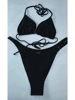 SAME Los Angeles Bikini Set XL Black Faux Suede Triangle Top High Cut NWT